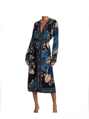 FARM Rio Black Wrap Midi Dress with Teal Floral Print